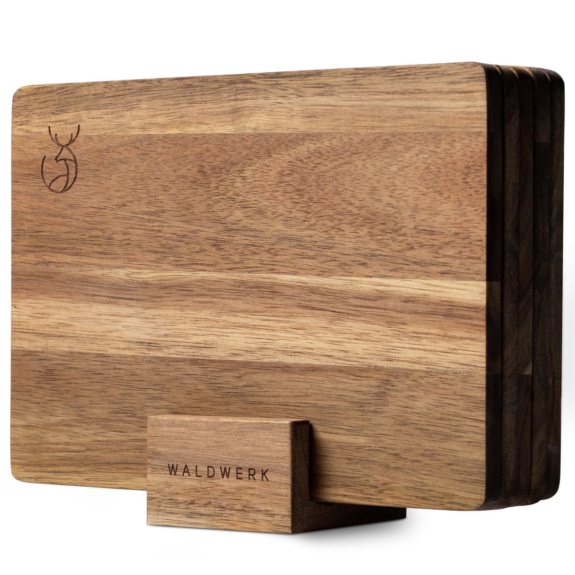 WALDWERK Set di 5 taglieri da colazione (23 x 16 x 1 cm) in legno massiccio di acacia – Tagliere da cucina con supporto – 5 tagliere legno – Tagliere in legno perfetti per la colazione