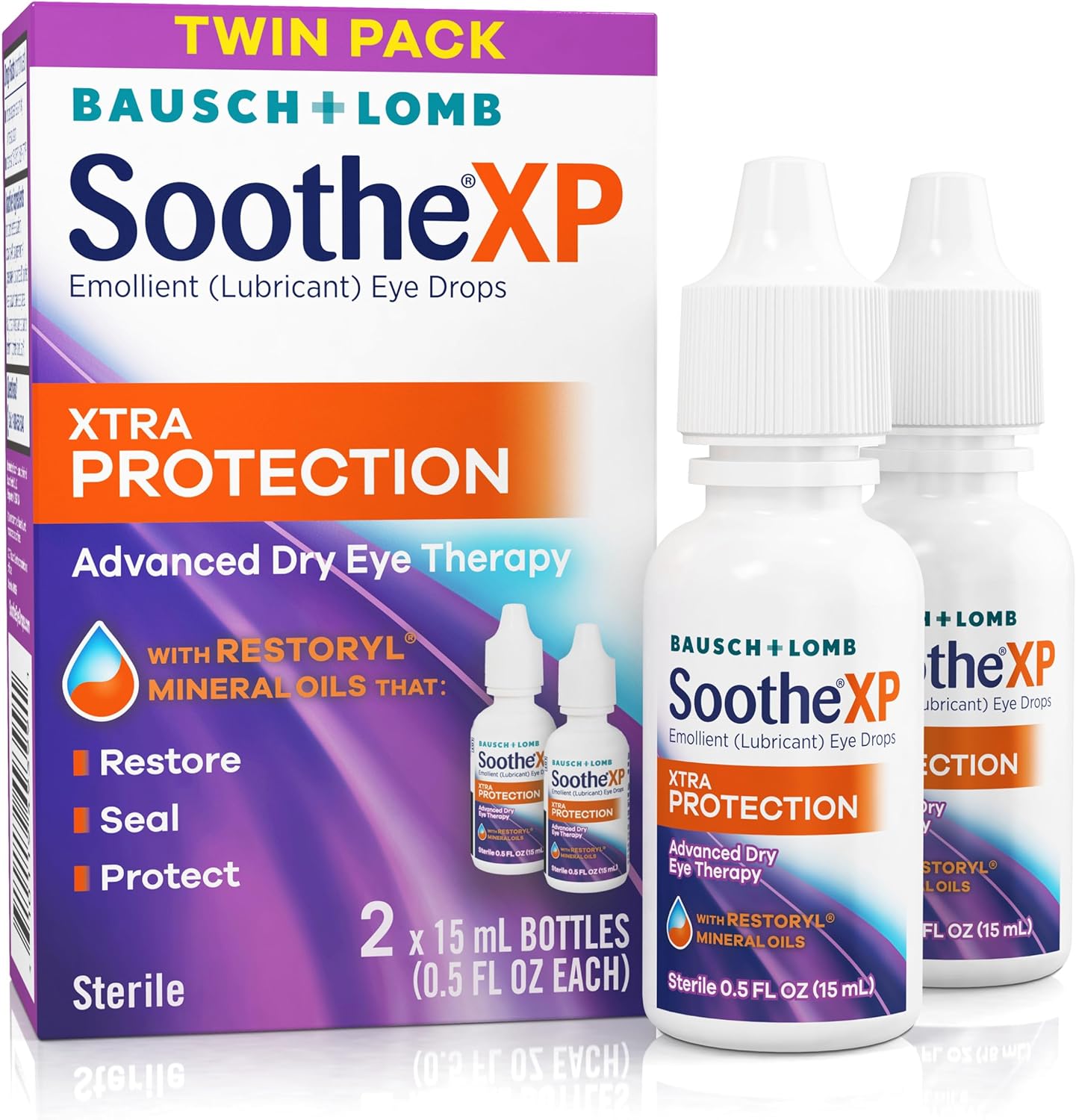 Soothe XP Eye Drops: Xtra Protection Lubricating Drops for Dry Eyes, Restores Lipid Layer, Seals Moisture, Relieves Irritation - 0.5 Fl Oz Twin Pack
