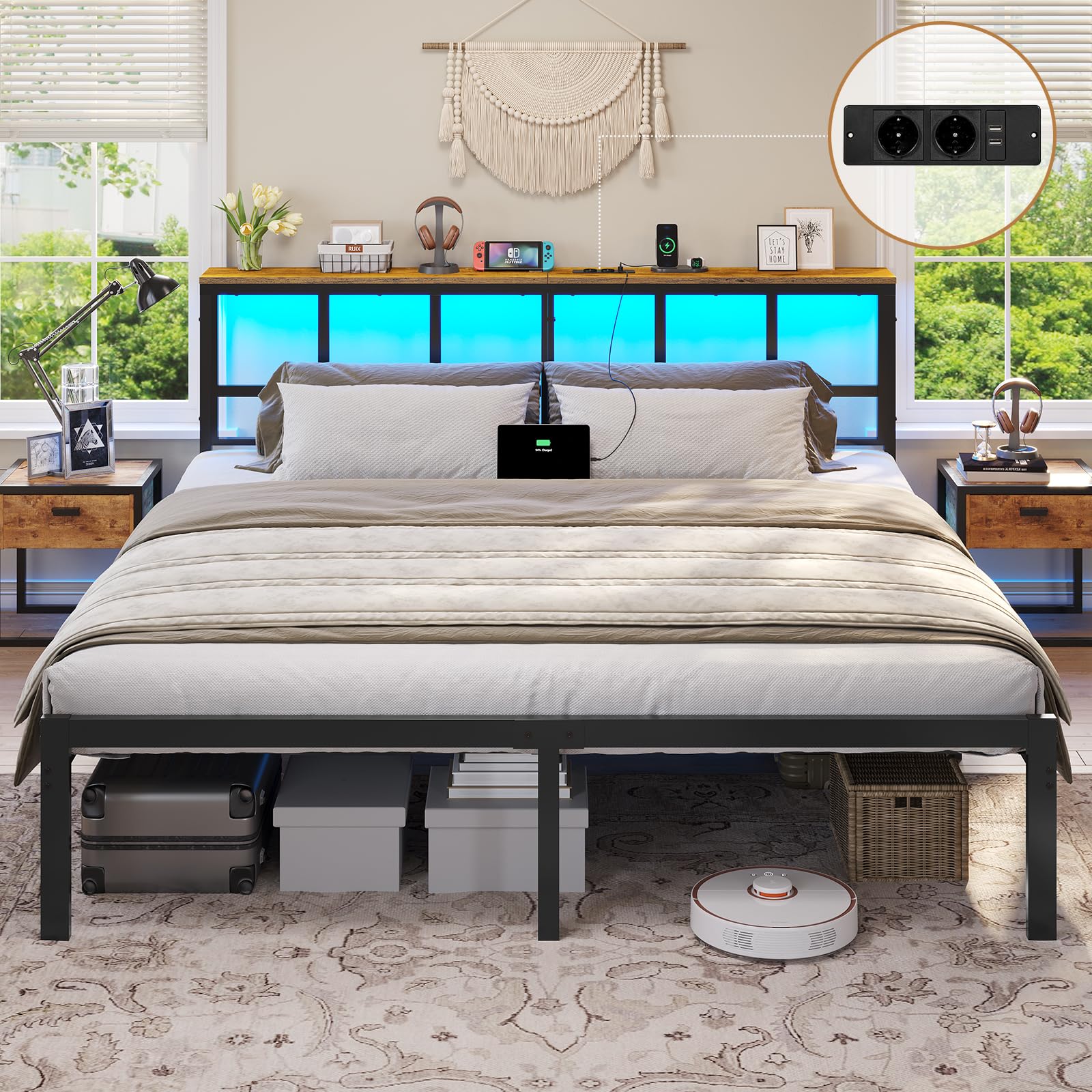 Brinlawb Struttura Letto Matrimoniale 180x200 cm con Luce LED e Stazione di Ricarica (2 Prese CA, 2 Porte USB) Struttura Letto 180x200 cm con struttura in metallo, Forte e stabile, Facile da montare