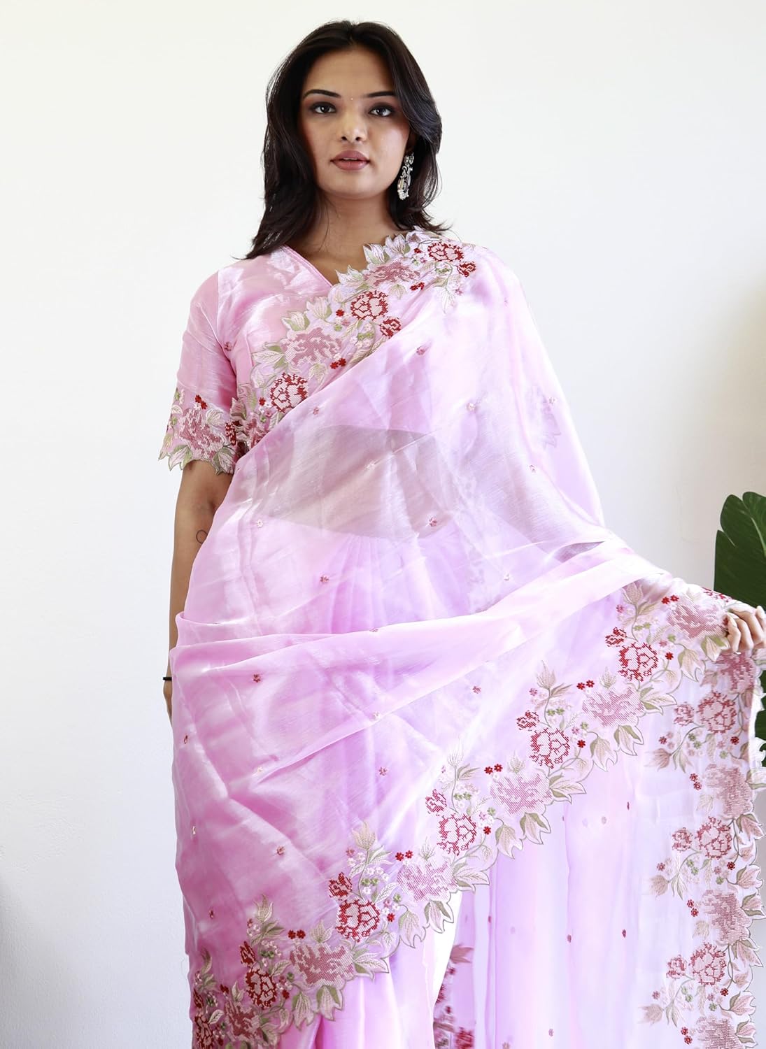 SEEANS Fancy Fabric Embroidery Saree with Unstitched Blouse - Lightweight, Women’s Saree, Perfect for Wedding & Party Looks