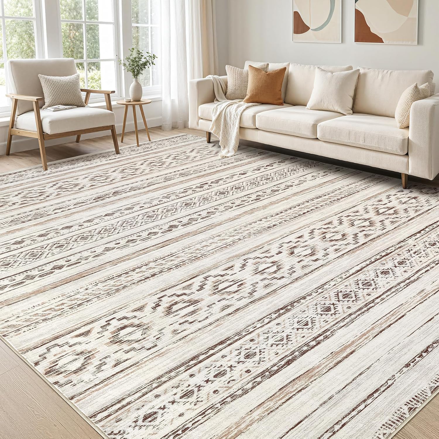 Tapis de grand salon beige 160x230cm moderne à poil ras doux pour chambre et bureau