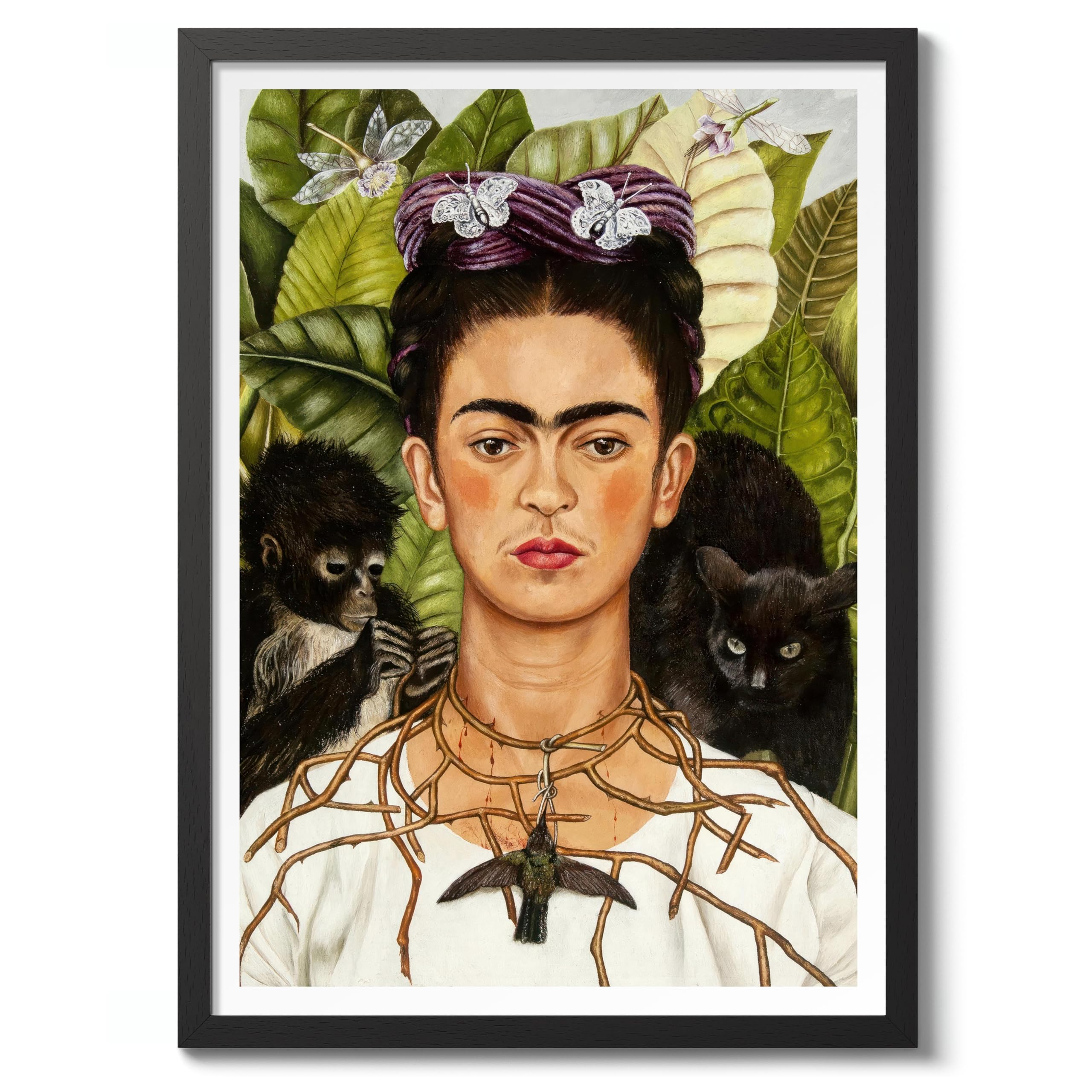 Self-Portrait With Thorn Necklace & Hummingbird Frida Kahlo Poster, Classic Art Painting Print, Art Exhibition Neutral Wall Art, Vintage Minimalist Home Decor Picture, 50x70cm (Black Frame) - 53x73cm
