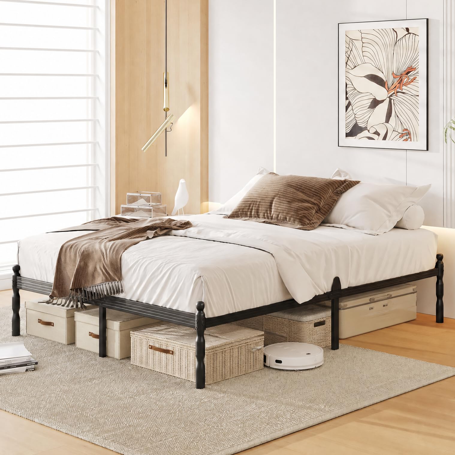 APEXTELLA HOME Double Bed Frames 4ft6 with Mattress Slide Stopper, Vintage Style, 450kg Heavy Duty Steel Slats, Prevent Mattress from Sliding,Easy Assembly, No Box Spring Needed, Platform Noise-Free