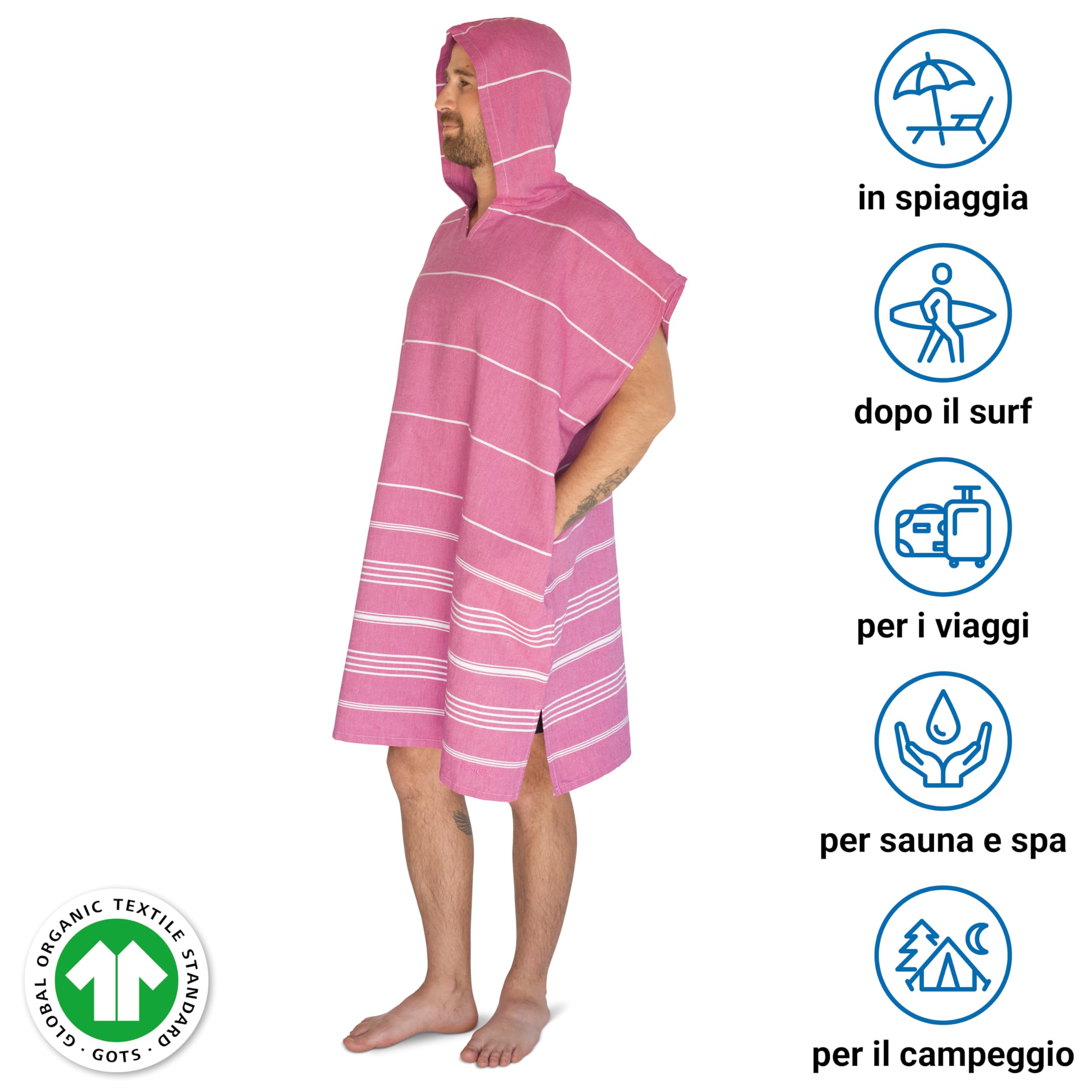 LeStoff Poncho surf adulto, 100% cotone bio, Fucsia, S/M | Accappatoio, telo con cappuccio e spogliatoio per spiaggia, nuoto e campeggio – leggero, assorbente e ad asciugatura rapida