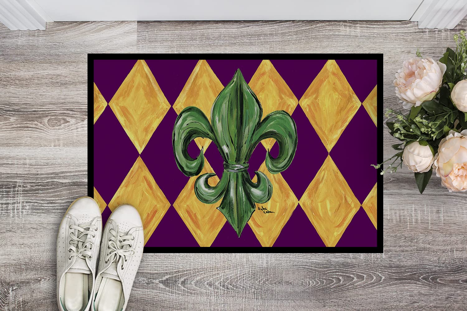 Caroline's Treasures 8133JMAT Mardi Gras Fleur de lis Purple Green and Gold Doormat 24x36 Front Door Mat Indoor Outdoor Rugs for Entryway, Non Slip Washable Low Pile, 24H X 36W