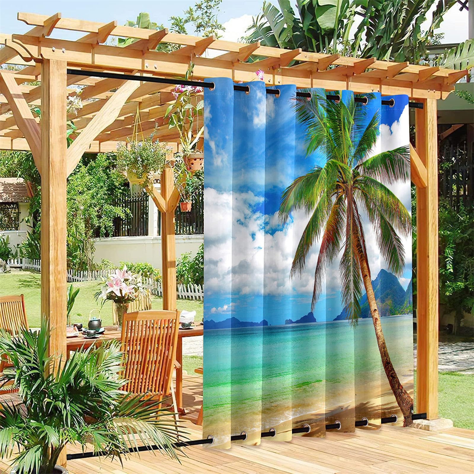 Hiseng Outdoor Vorhänge Wetterfest mit Ösen Oben und Unten, 3D Meerblick Muster wasserdichte Outdoorvorhänge 1 Stück Verdunkelungsvorhang Sichtschutz Vorhang für Garten (Kokosnussbaum,200x200cm)