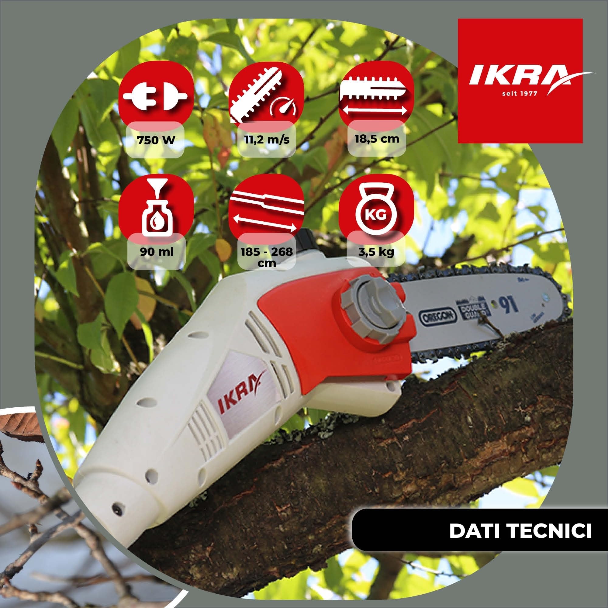 IKRA potatore telescopico elettrico IEAS 750, altezza di lavoro 4m, incl. tracolla, lime & scudo di protezione