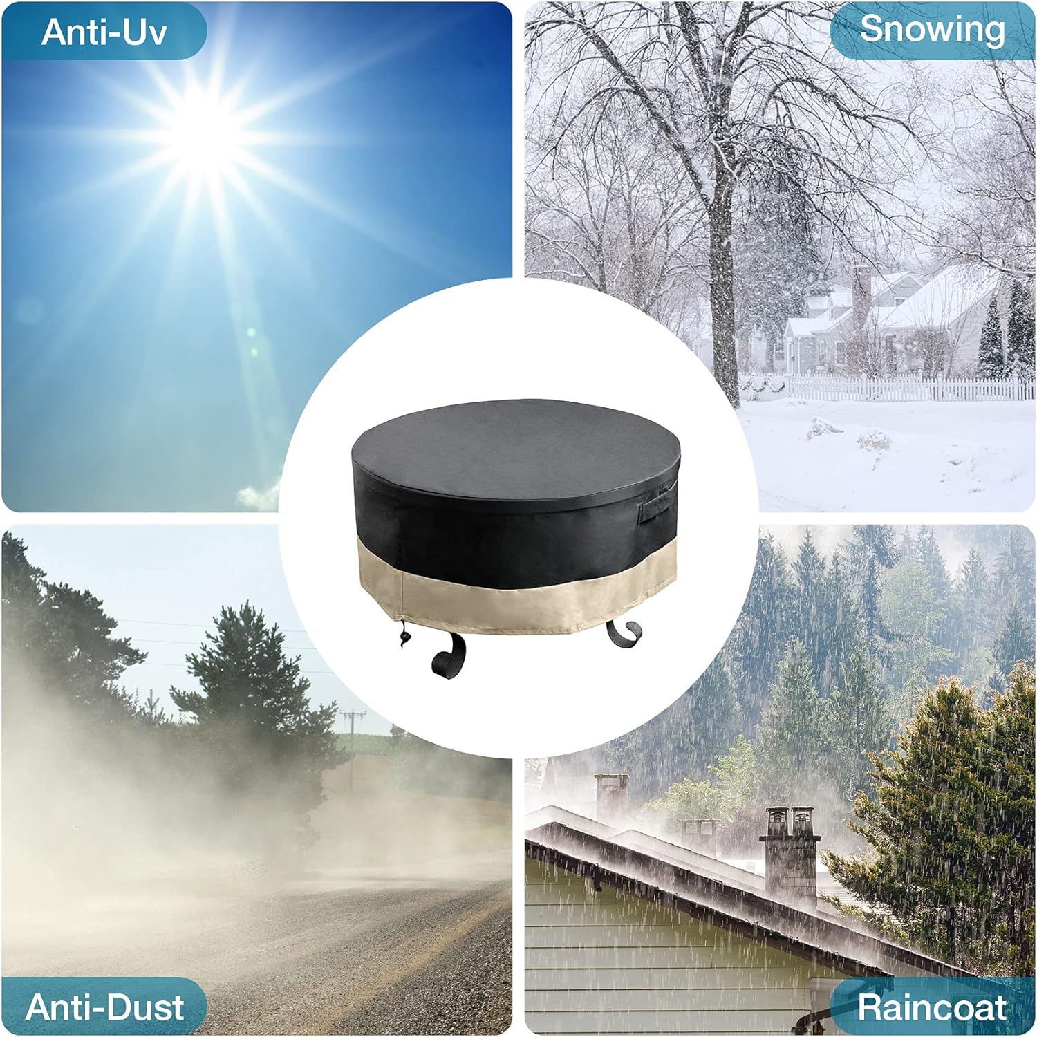 Stanbroil 60 Inch Round Fire Pit Cover, Full Coverage Fire Pit Table Cover, Patio Furniture Cover with Durable and Water Resistant Fabric, Black