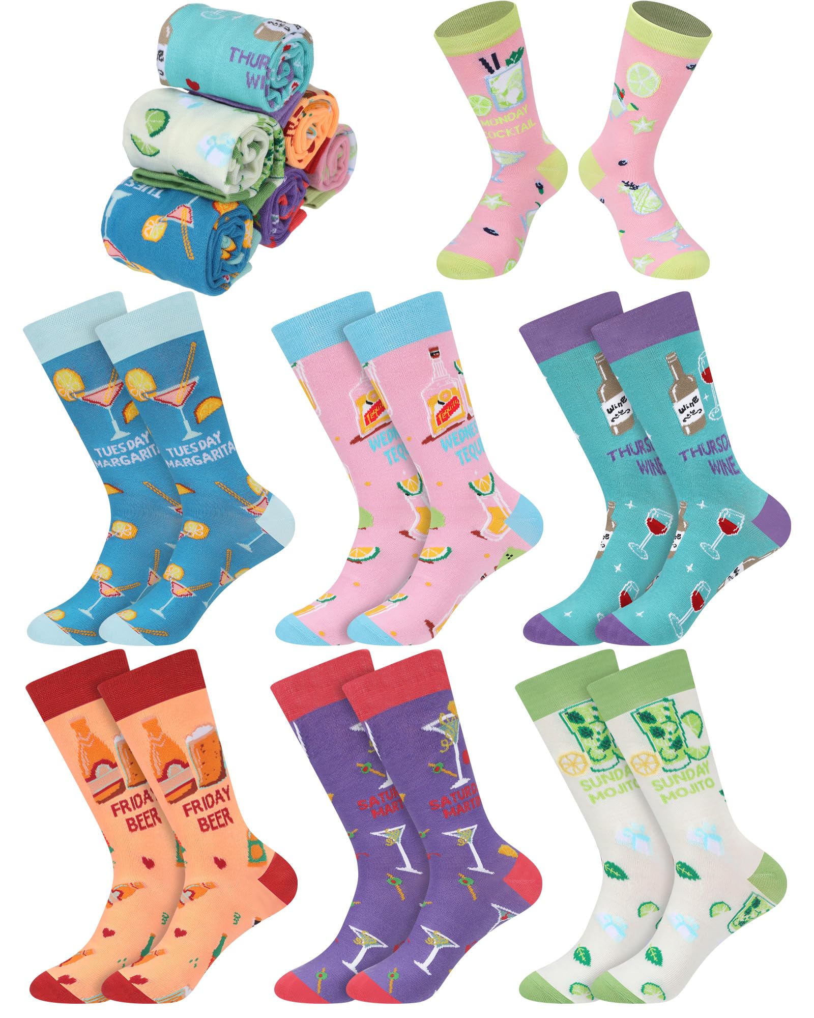 Newcotte 7 Pairs Women's Funny Drink & Alcohol-themed Crew Socks, Novelty from Sunday to Saturday Drink Week Gift, Liquor Wine and Beer Socks for Drinking Lover Cocktail Enthusiast Birthday Holiday