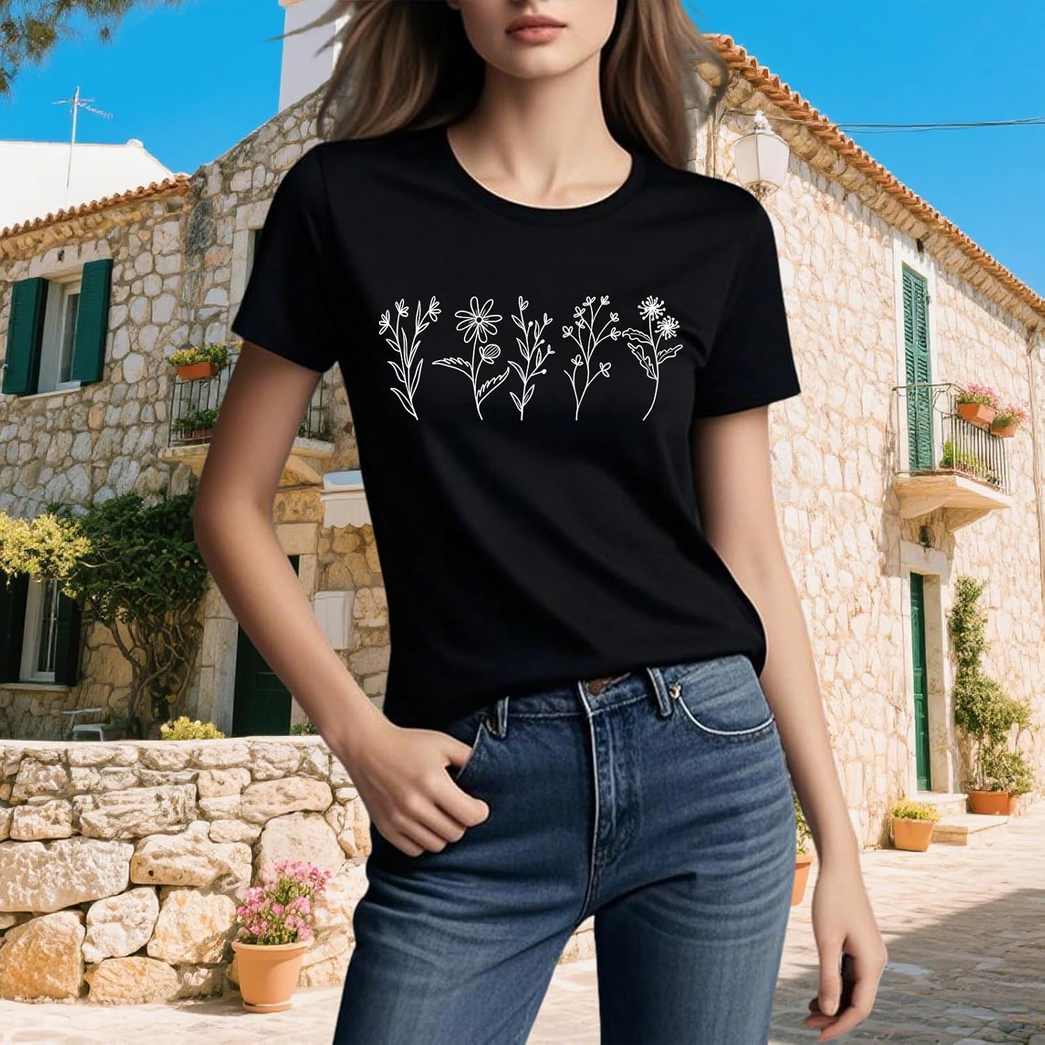 MIMOORN Women Floral Tee Summer Flower Casual Short Sleeve Wildflower Graphic T Shirt - Image 2