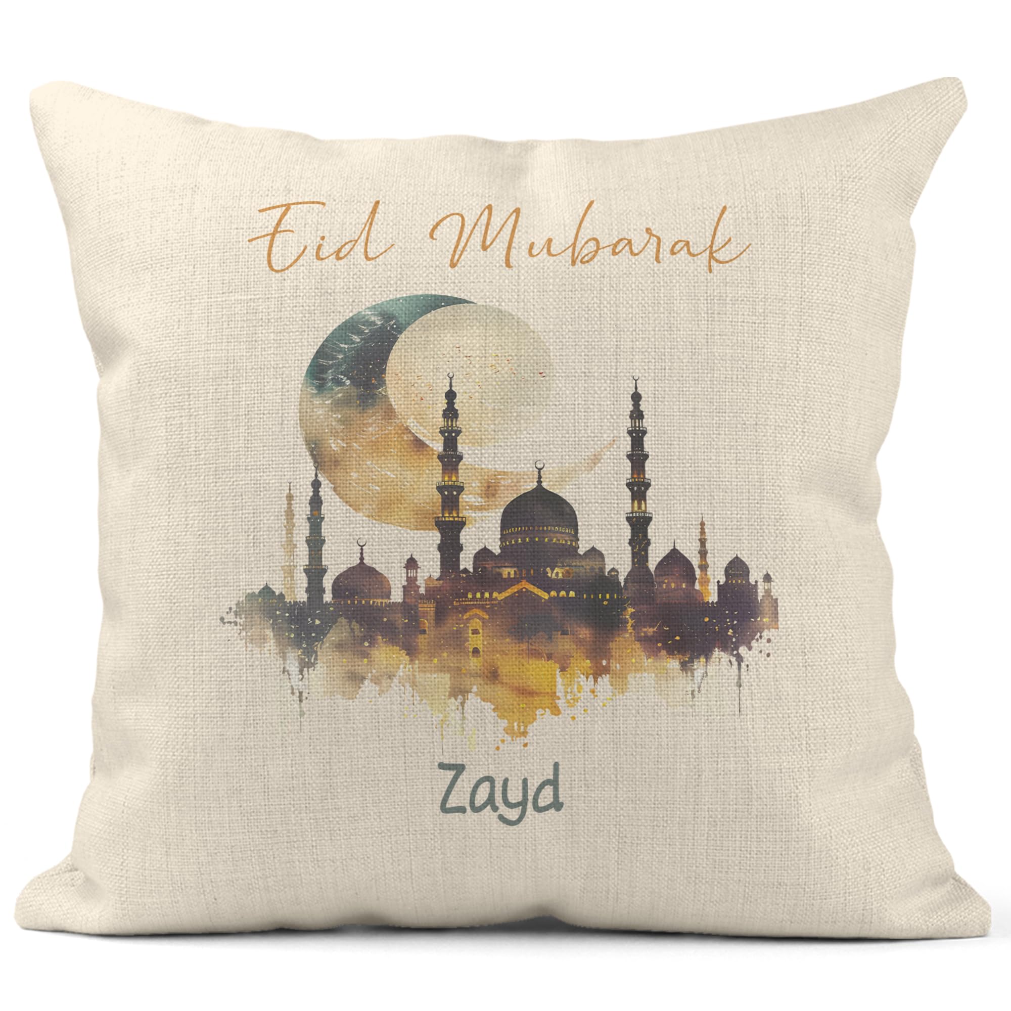 Print Maniacs Brown Eid Mubarak Personalised Cushion – Personalised Islamic Home Decor Pillow Case – Muslim Gift For Eid Al-Fitr Eid Al-Adha – Decorative Throw Cushion For Living Room Bedroom