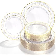 HOMIP 60PCS Clear Plastic Plates with Gold Stone Texture Rim, Crystal Plate