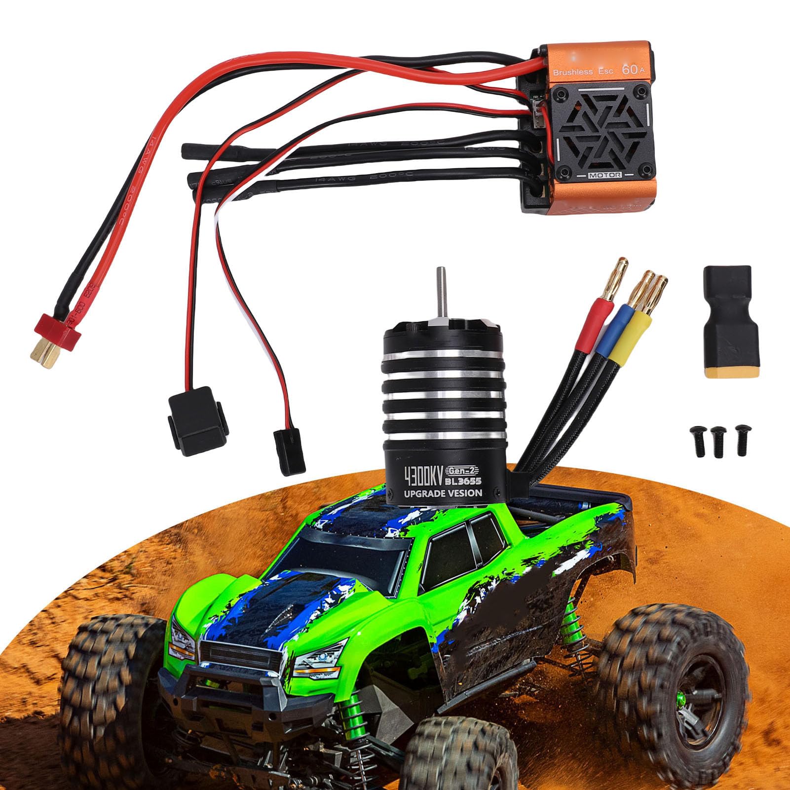 Cocoarm Bezszczotkowy Silnik ESC Combo 4300KV, Bezszczotkowy Silnik RC ze Stopu Aluminium z Wałem 60A ESC 3,175 Mm, 4-biegunowy, 12-szczelinowy Wysoki Skręt dla Samochodu Ciężarowego 1/10 1/12 RC