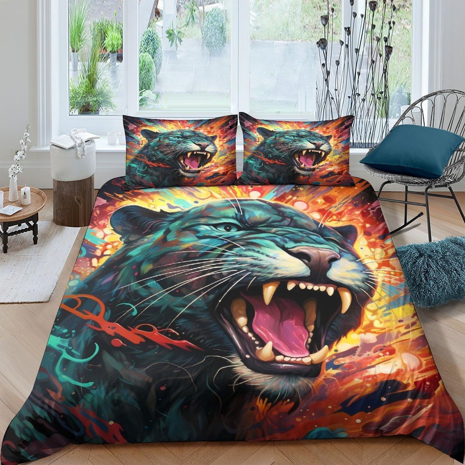 Ctjqhvkz Style-2 3D Printed Panther Flame Fitted Sheet Microfiber Soft Breathable Wild Animal Bed Cover For Bedroom Dorm Decor Single（135X200cm）