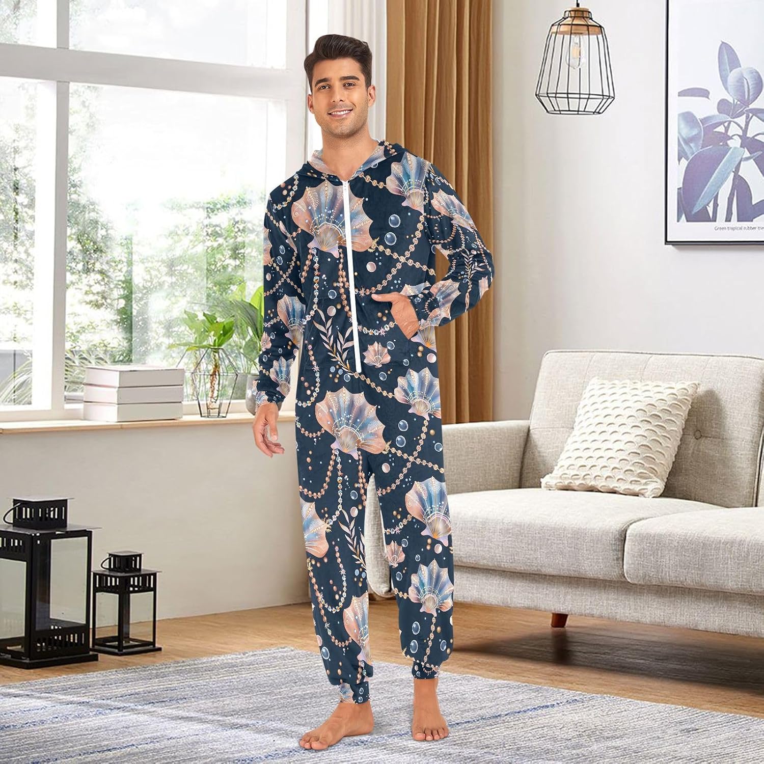 Seashell Pearl Black Adult Onesie Pajamas Novelty One Piece Costume Sleepwear Jumpsuits Matching PJS