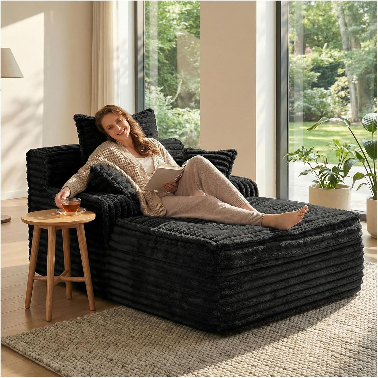 57'' Boneless Chaise Lounge Chair Indoor, Corduroy Small Boneless Sleeper Sofa with 3 Pillows & Wide Armrest, Fluffy Comfy Chase Lounge Indoor, Compression Boneless Couch for Living Room