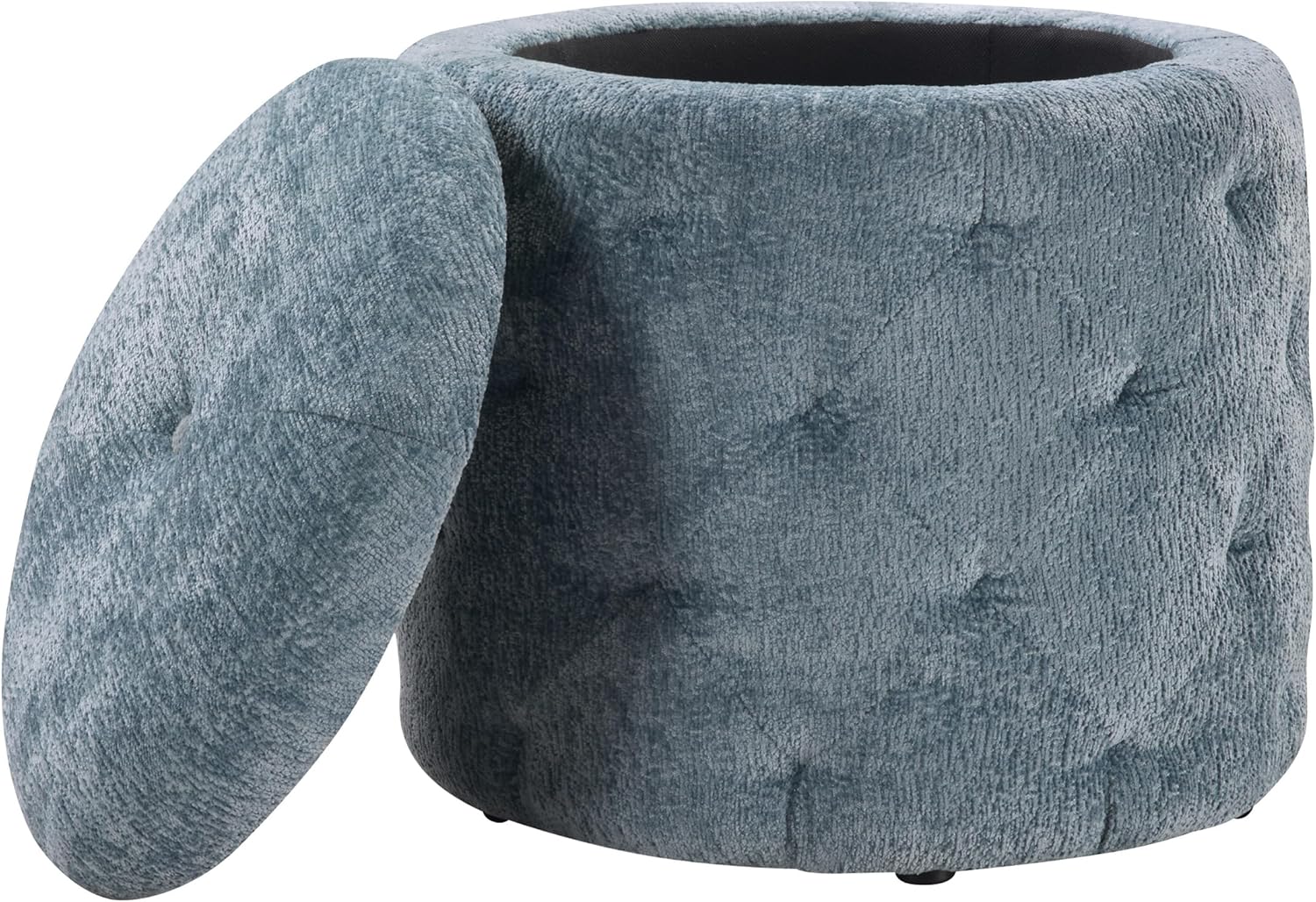 OSP Home Furnishings Erindale Round Storage Ottoman, 18.75 Inch Diamond Tufted, Plush Lined Interior, Sky Blue