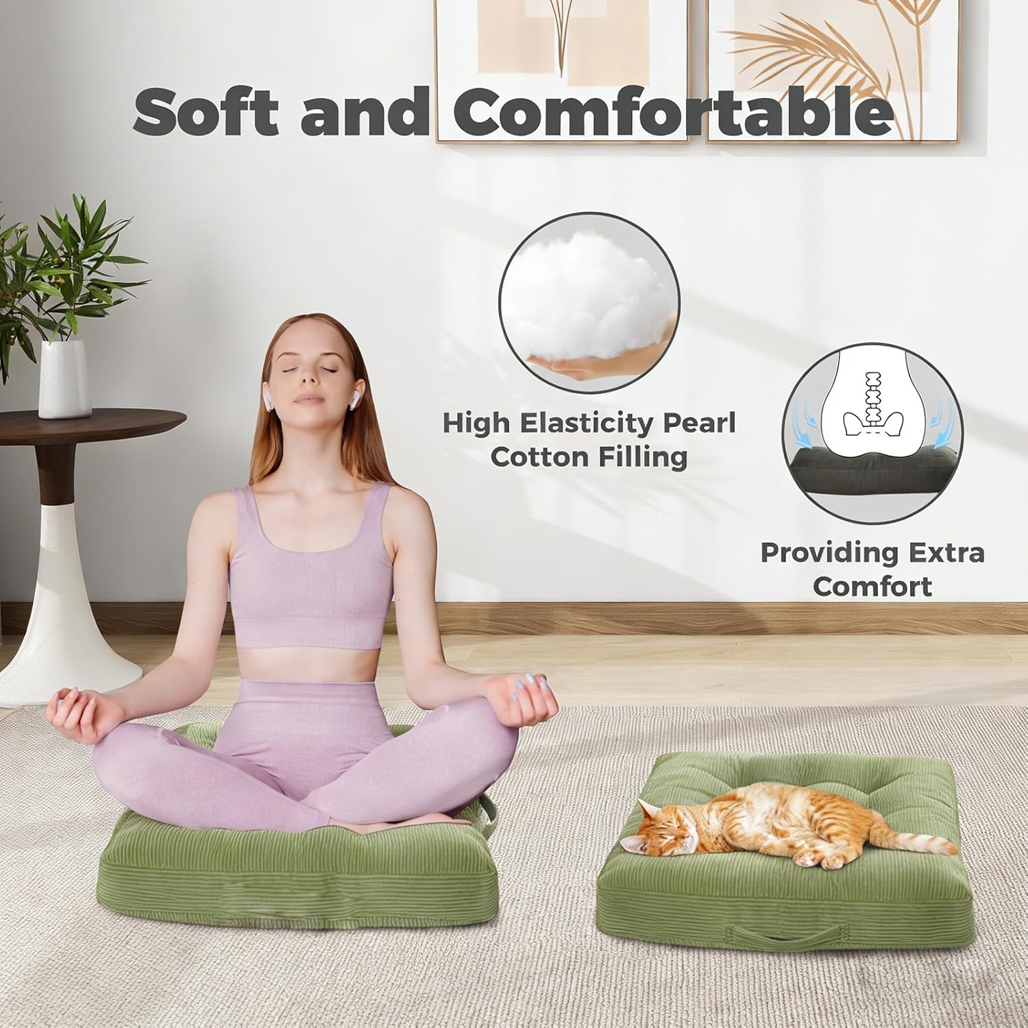 Floor Pillow Dark Grey Washable Floor Sitting Cushions 18x18 Inch 2-Pack, Meditation Yoga Pillows for Sitting on Floor Tufted Corduroy Seat Pads with Handle for Office Dining Room Seats