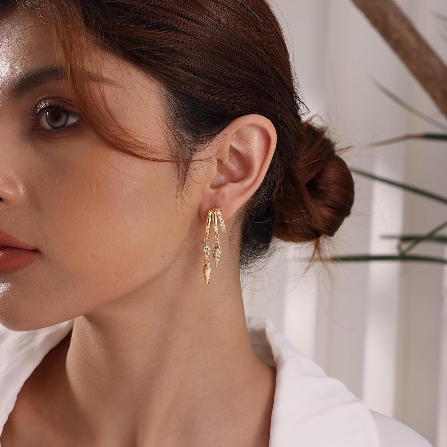 Dangle Earrings for Women,14k Gold Plated Triple Huggie Stud Earrings Dainty Drop Earrings for Women Trendy Gold Statement CZ Chain Earrings Non Tarnish Jewelry - Image 2