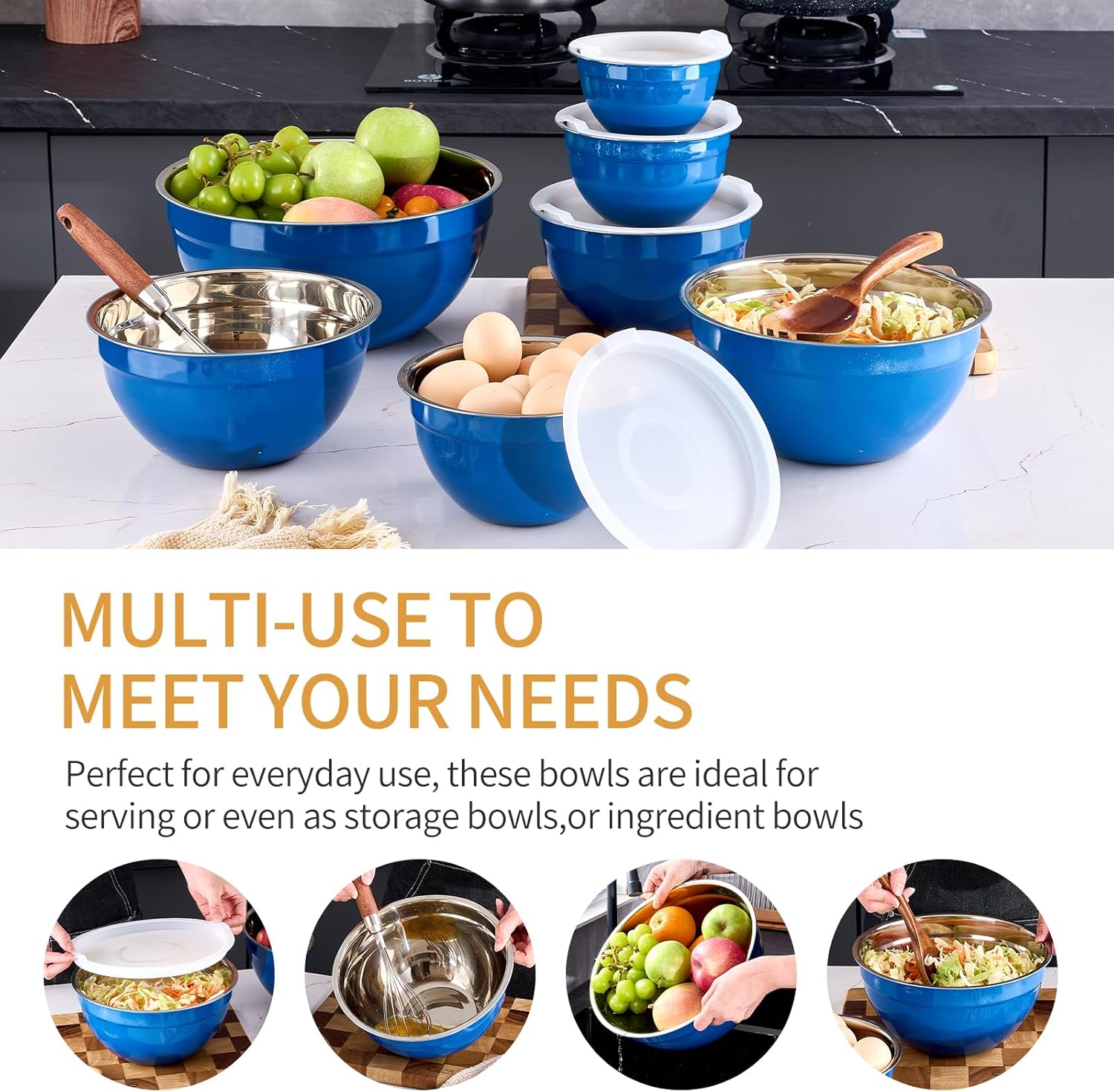 Blue Mixing Bowls With Airtight Lids,Stainless Steel Bowl,Salad Bowls 7 Piece Colorful Nesting Bowl Blue Kitchen Accessories,Size 7,3.6,2.7,2.1,1.5,1.1,0.8QT Stackable Design - Image 5