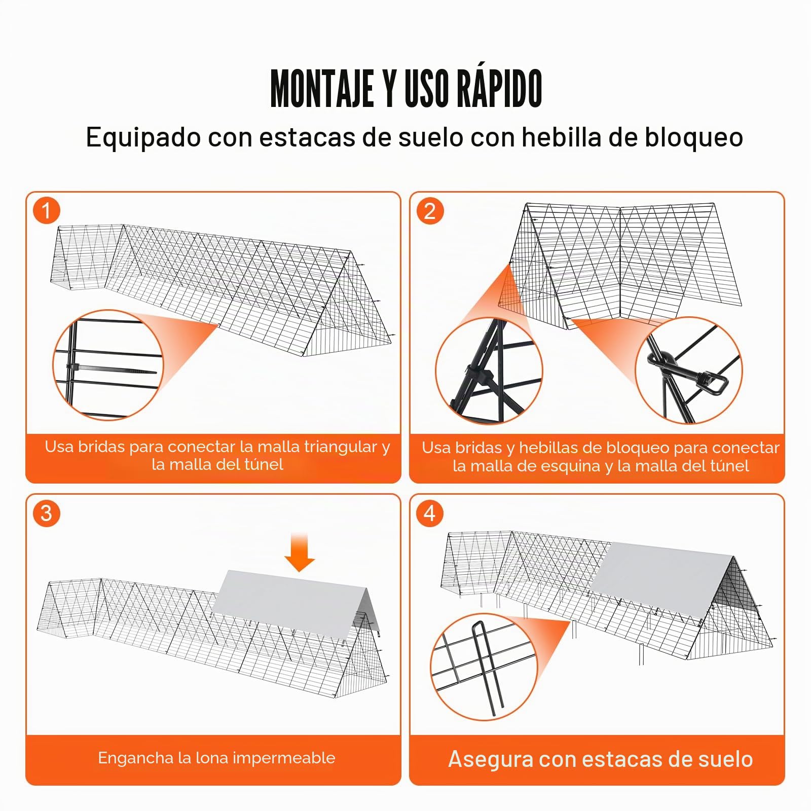 VEVOR Túnel Portátil para Pollos 400 x 100 x 61,5 cm, Gallinero para Patos y Conejos, con Marco de Esquina para Patio y Exteriores