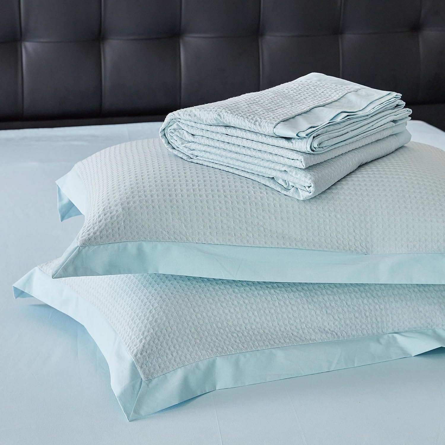 YuHeGuoJi Blue Textured Duvet Cover King 100% Cotton 3 Pcs Set 1 Light Blue Waffle Weave Duvet Cover with Zipper Ties 2 Pillow Shams Washed Cotton Decorative Wide Trim Bedding Set Soft