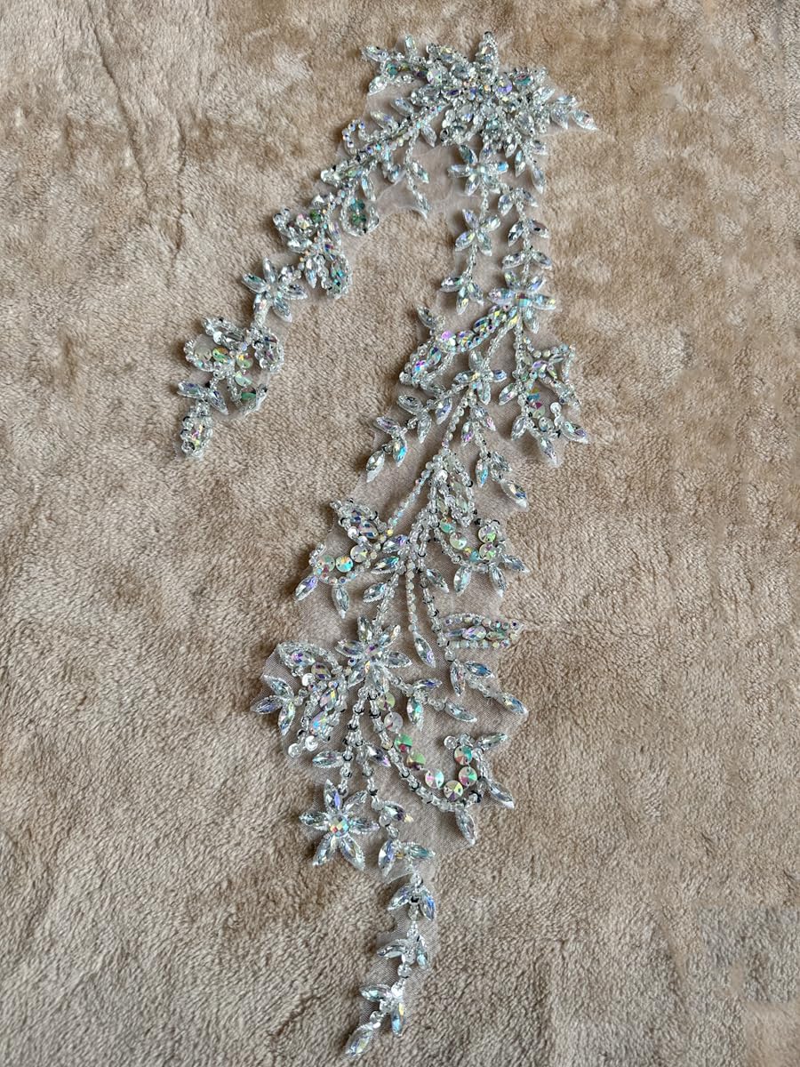 Handmade Shining Acrylic Rhinestones on lace Applique Sewing Beads Stones Trim Patches Accessories for Wedding Dress (Clear AB)