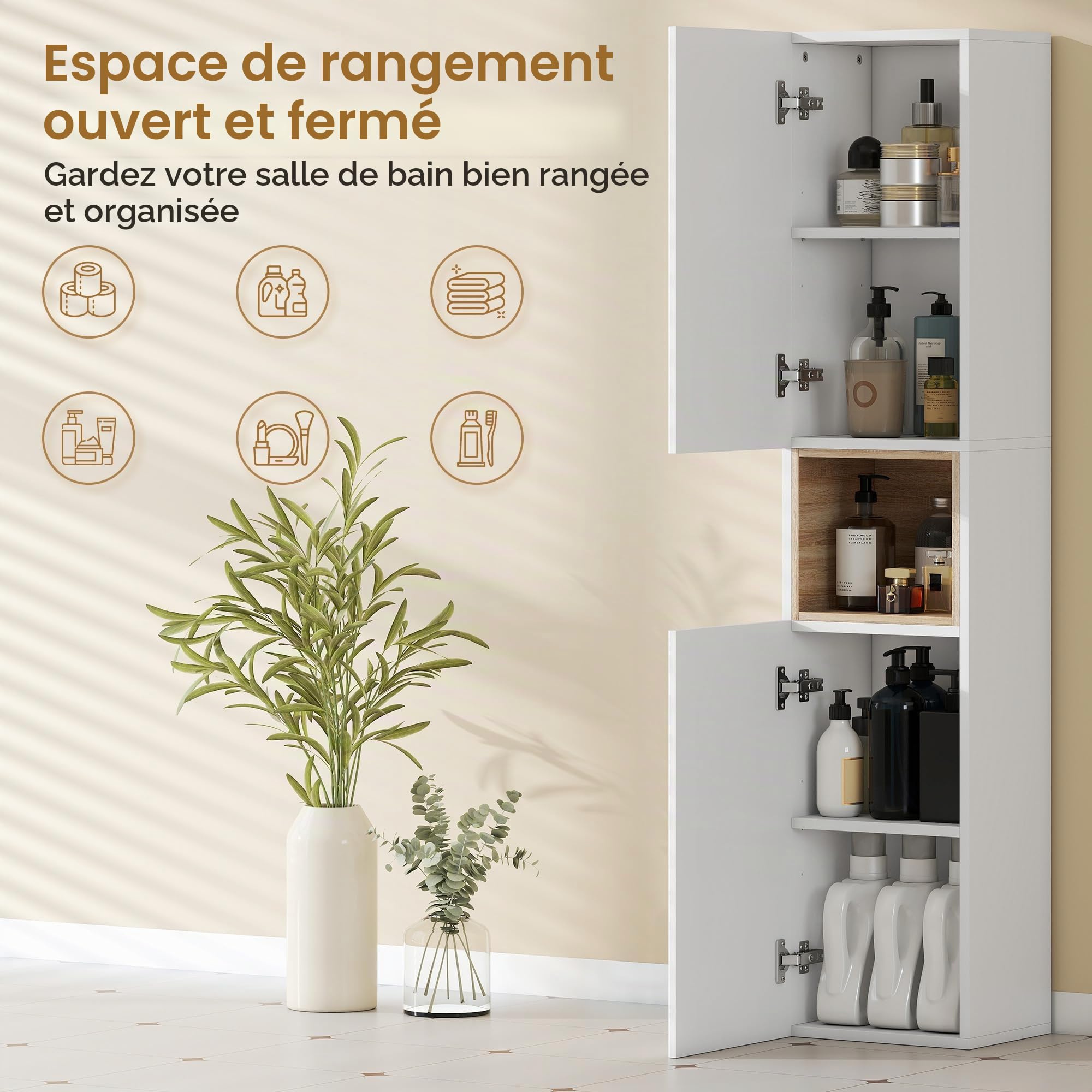 HOMCOM Meuble Salle de Bain 2 Portes à Fermeture Douce 30x24x140 cm Blanc