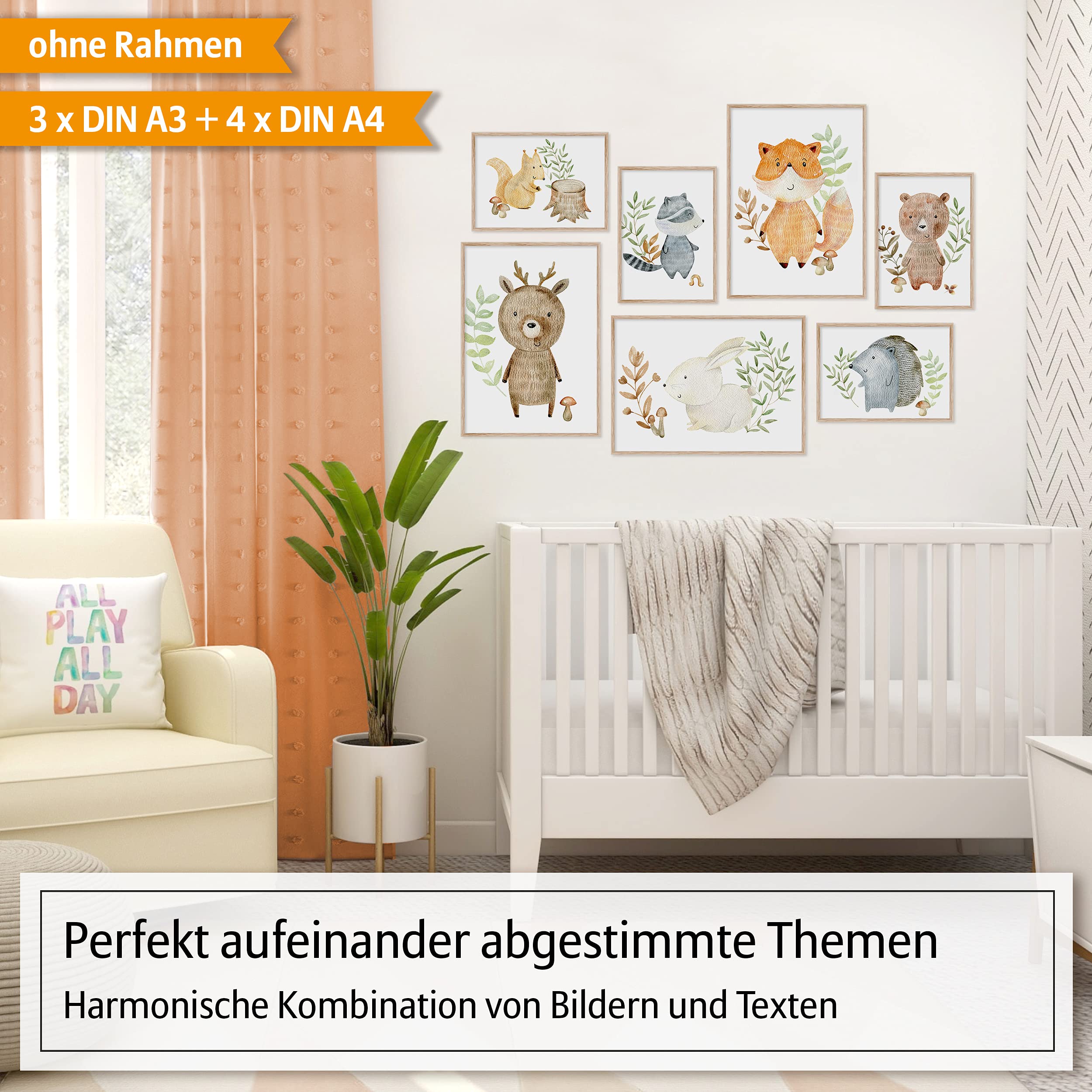 Hyggelig Home Set di poster di alta qualità, 7 immagini per la cameretta dei bambini, motivo animali, astratto, set acquerello