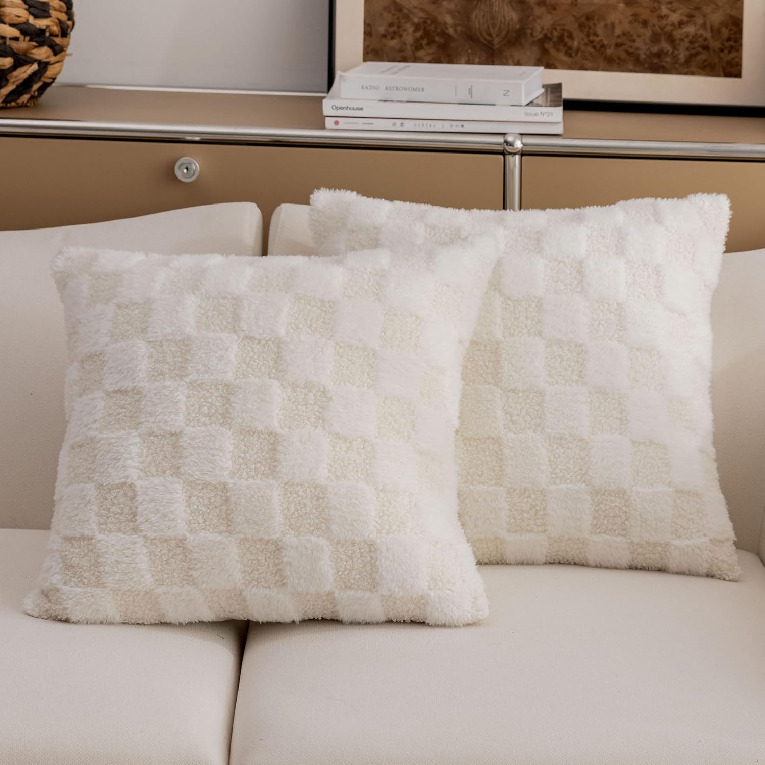 Demetex Checkered Plush Pillow Covers 18x18 Set of 2 Super Soft Cream Square Pillow Cases Modern Fur Throw Pillows for Couch Bed Sofa Living Room Valentines Day, 18 x 18 inch, Cream - Image 8