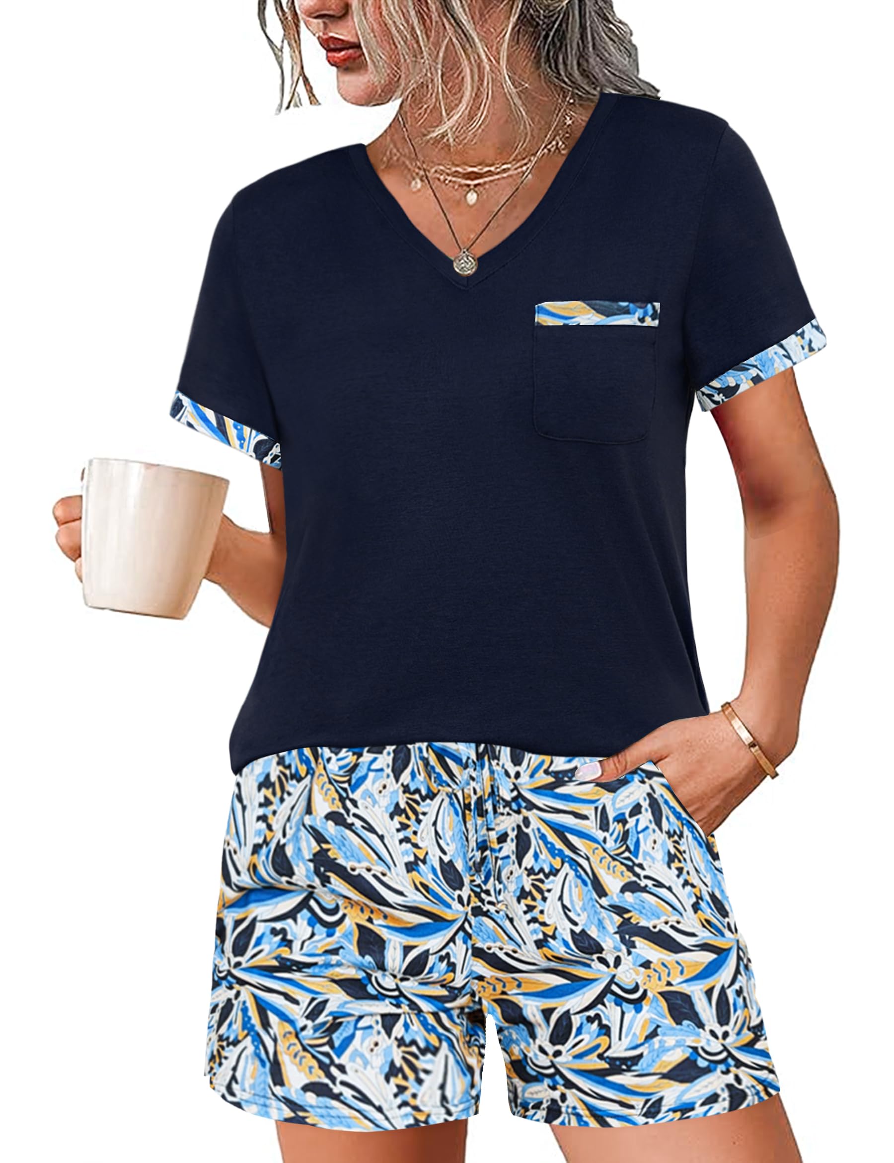 Jahetuul Schlafanzug Damen kurz Pyjama Damen Sommer Schlafanzüge für Damen Nachtwäsche Frauen kurzer Shorty Pijamas Schlafshorts einzigartiges Muster