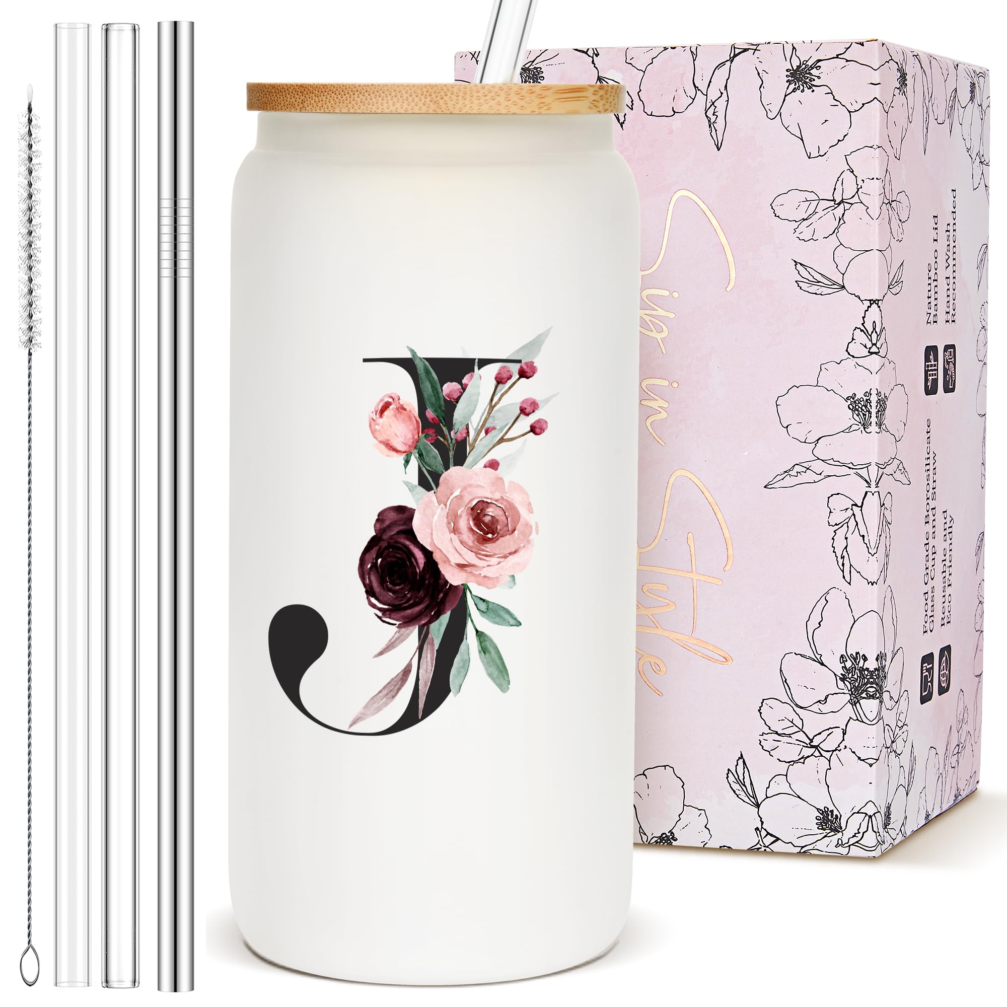 Cute Personalized Customized Gifts for Women, Monogram Glass Cups with Lids and Straws, Initial Drinking Iced Coffee Cup, Custom Letter Mug Tumbler, Birthday Gifts for Best Friends Female Bestie, J