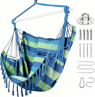 Goutime Hängesessel mit Querstab, 2 Kissen & Nackenkissen, Hängeschaukel mit Montageset, Boho Stil Hängemattenstuhl für Innen & Außen, Belastbar bis 150kg (Blau und grün)