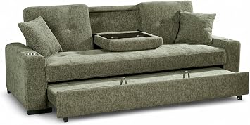 3 Seater Pull Out Sofa Bed Double with Cup Holders CHARLES - Green Click Clack Sofa Bed for Adults in Durable Textured Chenille Fabric with Drop Table and Accent Pillows, 184 x 160 Sleeping Area