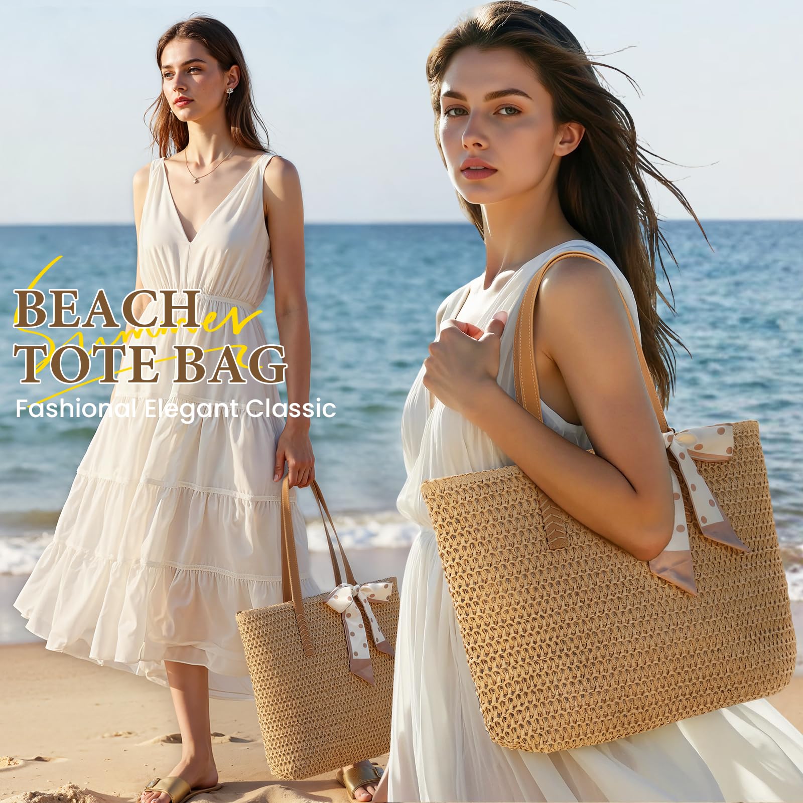 Trifabricy Beach Bags for Women, Large Straw Beach Bag, Beach Tote Bag Shoulder Handbags, Straw Bag Beach Purse for Summer — view 2