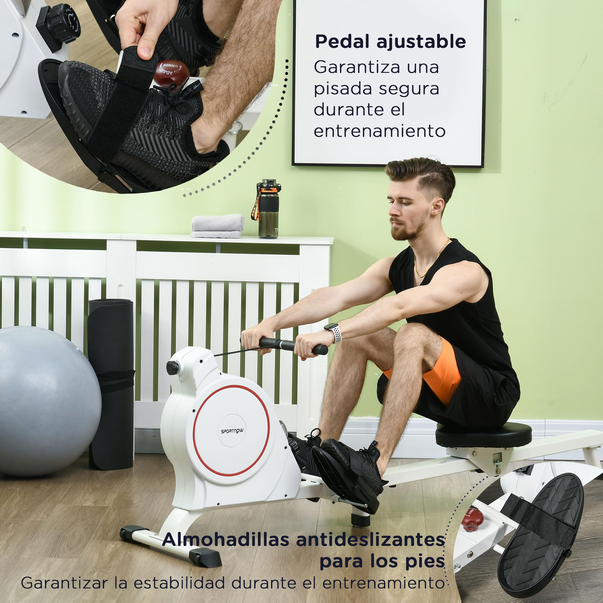 SPORTNOW Máquina de Remo Magnético Plegable Remo para Casa con Pantalla LCD Resistencia de 8 Niveles y 2 Ruedas Carga 130 kg para Gimnasio Acero 180x48x60 cm Blanco