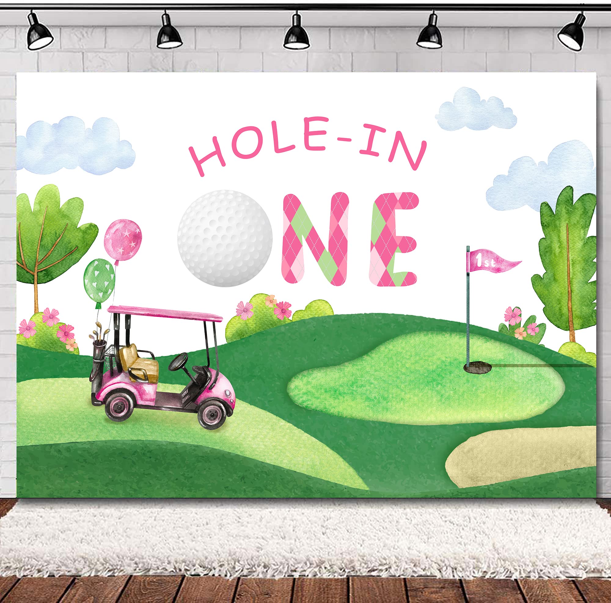 SVBright Hole in One 1st Birthday Backdrop 7Wx5H Kids First Bday Golf Sports Theme Blue Sky White Clouds Grass for Girls Party Cartoon Decorations