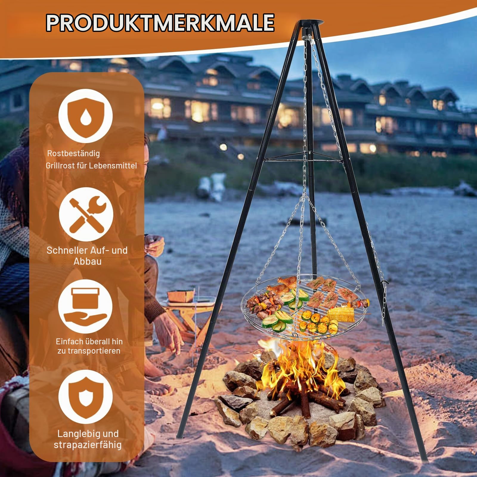 Dreibein Schwenkgrill 150 cm, Ø 48 cm 304 Edelstahl Grillplatte | Mit Kurbel & Kette, Höhenverstellbar, Abnehmbares Grillgestell aus Eisen, Camping & Outdoor, Feuerstelle