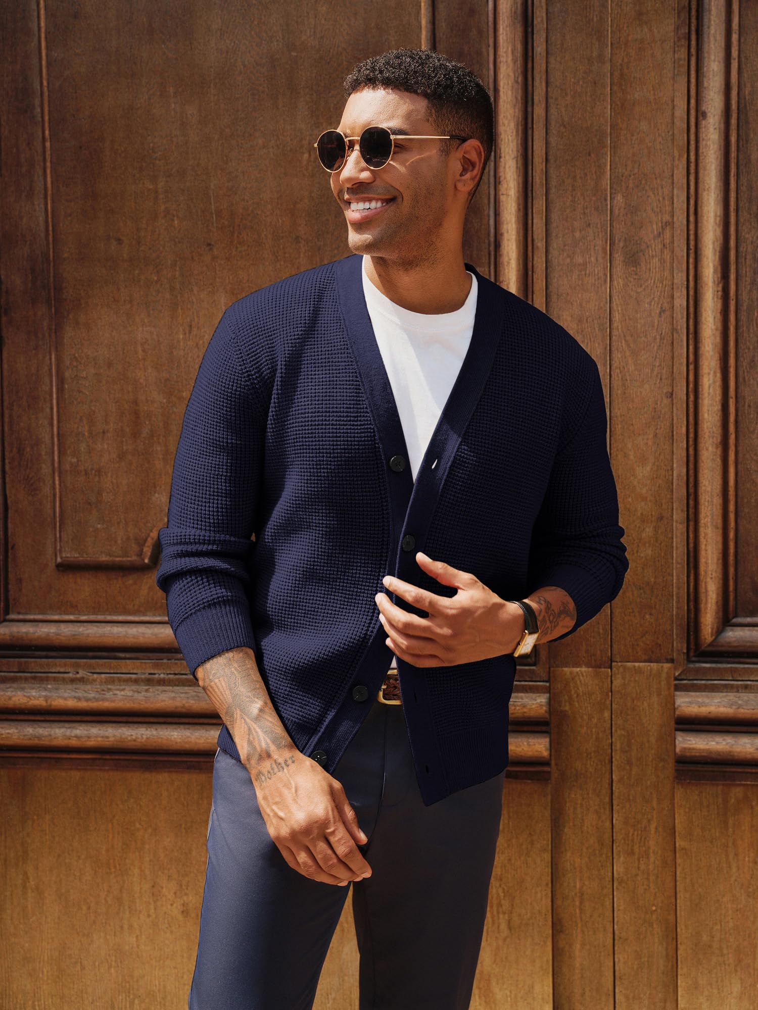 PJ PAUL JONES Herren Strickjacke Waffel Cardigan Langarm V-Ausschnitt Button Down Strickpullover