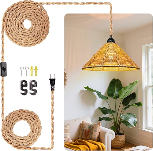 Miniatura 14 de Lámparas Colgantes de Ratán Luz Colgante Luces Colgantes Cable de 16.4 pies con Enchufe Lámpara Colgante que se Enchufa a Toma de Pared Iluminación