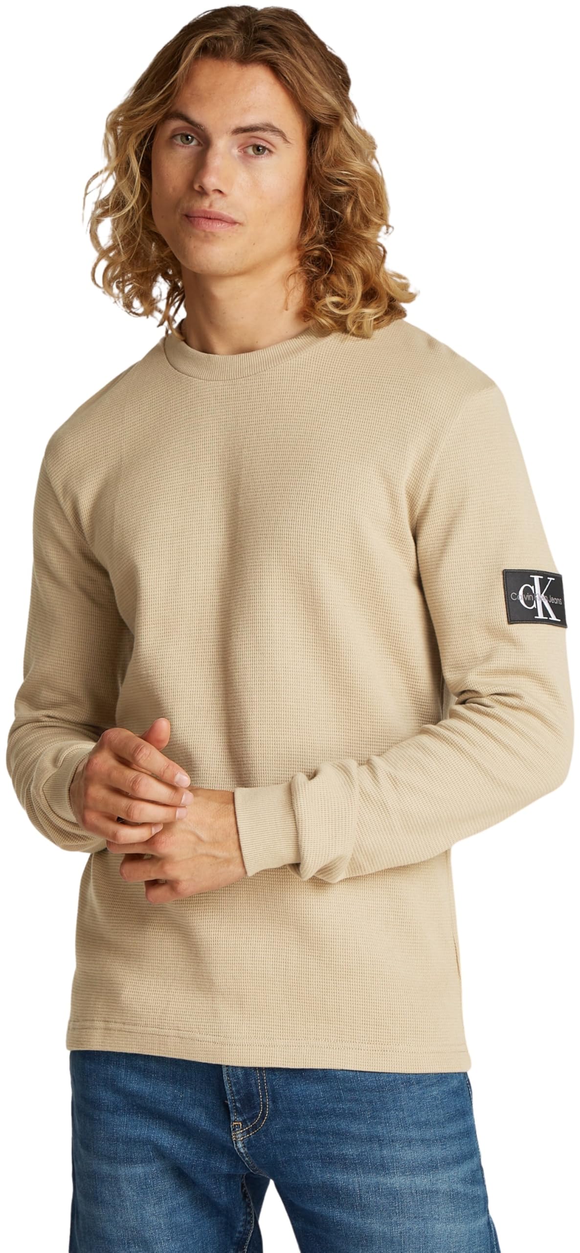 Calvin Klein Men’s Badge Cotton Waffle Long Sleeve Top, Beige (Tree House), XXS