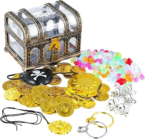 FLYAB Caja del tesoro pirata  Cofre del tesoro de plástico con cerradura y llaves, gemas, monedas de oro, anillos, aretes de calavera para