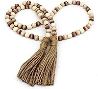 Vista 13 de CVHOMEDECO. Guirnalda de cuentas de madera con borlas estilo granja rústica, cuentas de oración de madera para colgar en la pared, acento para Gris