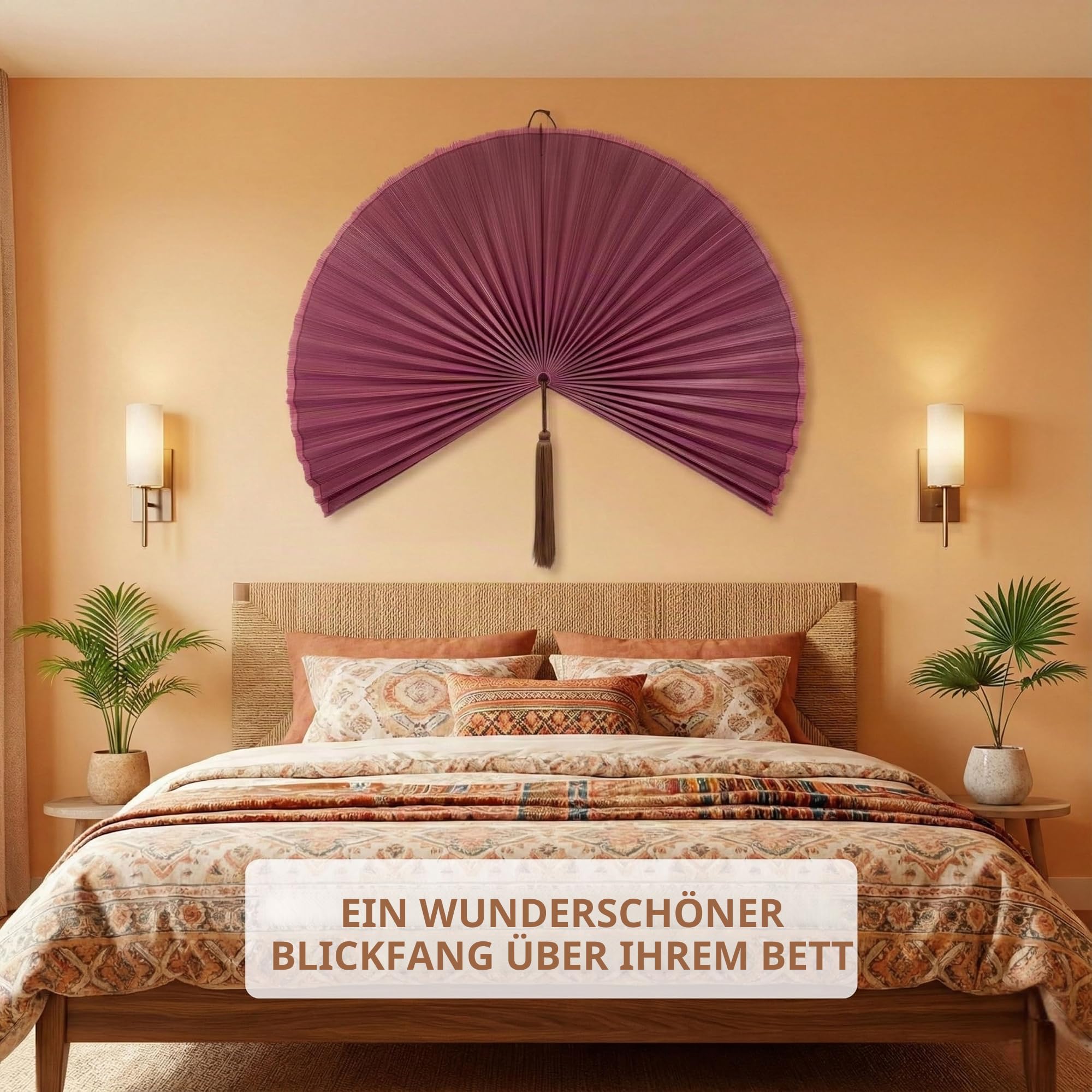 Handgefertigter großer Bambus-Wandventilator, beige dekorativer Ventilator zum Aufhängen an der Wand, Kopfteil oder Wohnzimmerdekor - gewebte Bambuskunst, Boho- & asiatisch inspirierte Heimdekoration