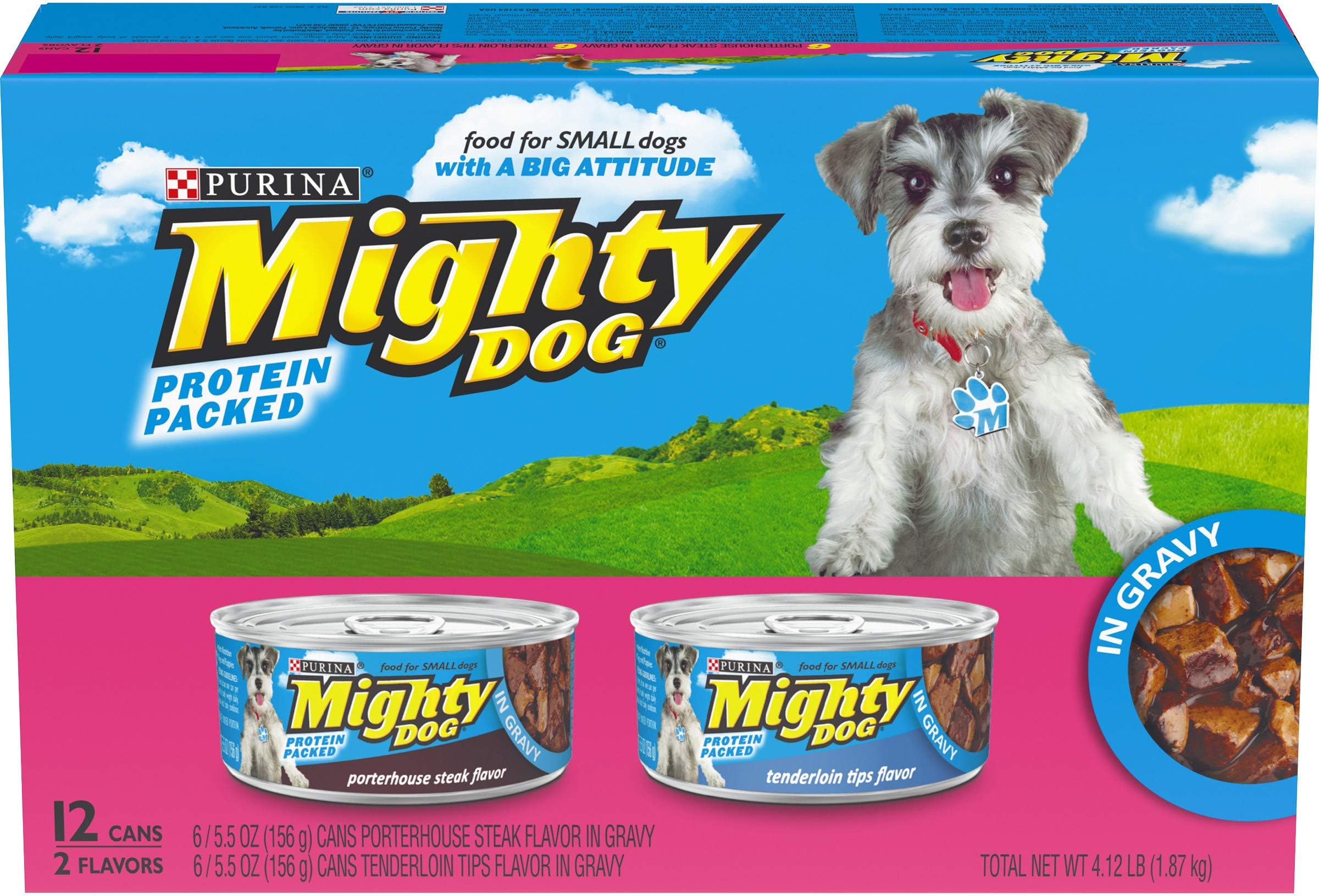Purina Mighty Dog Small Breed Gravy Wet Dog Food Variety Pack, Porterhouse Steak & Tenderloin Tips Flavors - (2 Packs of 12) 5.5 oz. Cans