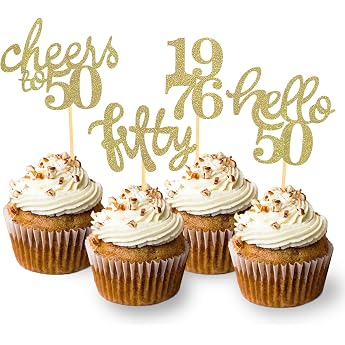 Pack of 24 Glitter 50th Birthday Cupcake Toppers Birthday Decoration 50 from 1976 for 50th Birthday Party Decoration Accessories Party Decoration Cake Decoration New Gold
