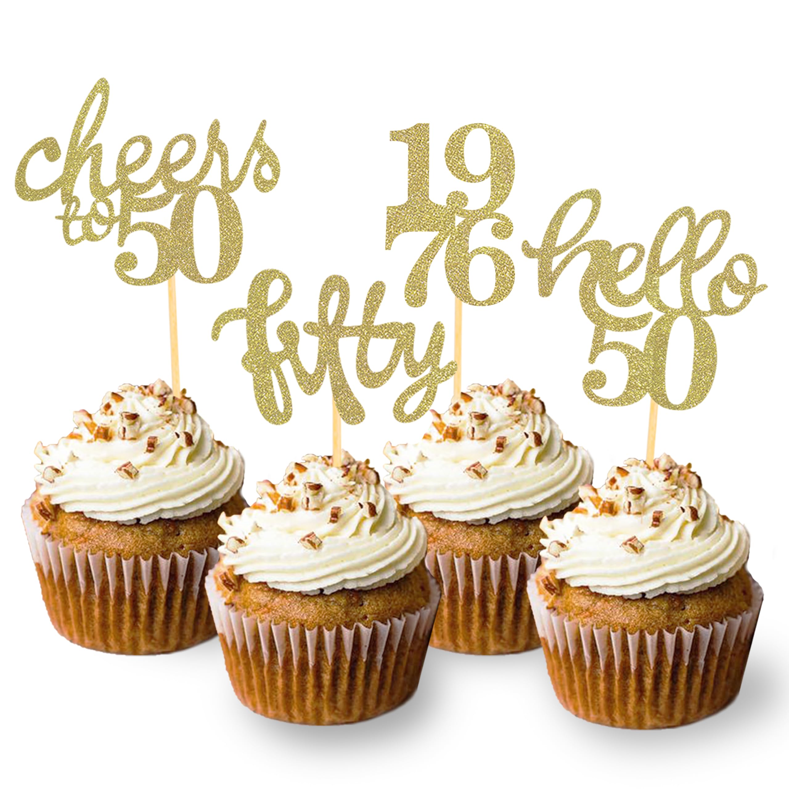 Photo 1 of 24 Pcs Glitter 50th Birthday Cupcake Toppers for Celebrating 50th Birthday Party Decorations for Fifty Years Old Birthday Party Supplies (Gold)
