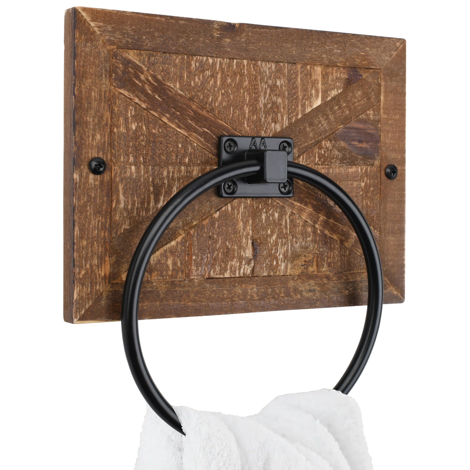Autumn Alley Farmhouse Hand Towel Ring for Bathroom - Barn Wood Bath Towel Rings Holder - Towel Rings for Bathroom Wall Mounted Decor Mix of Wood, Galvanized Metal & Black Rings