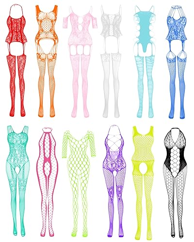 Fishnet Lingerie for Women Sexy Long Mesh Bodysuit Stockings Lace Babydoll Nightwear - Fluorescence Color