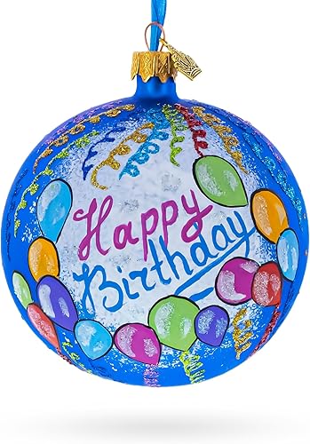 Globos de feliz cumpleaños y cupcakes bola de cristal adorno de Navidad 4 pulgadas